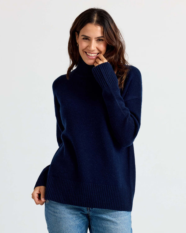 Navy cashmere funnel neck sweater