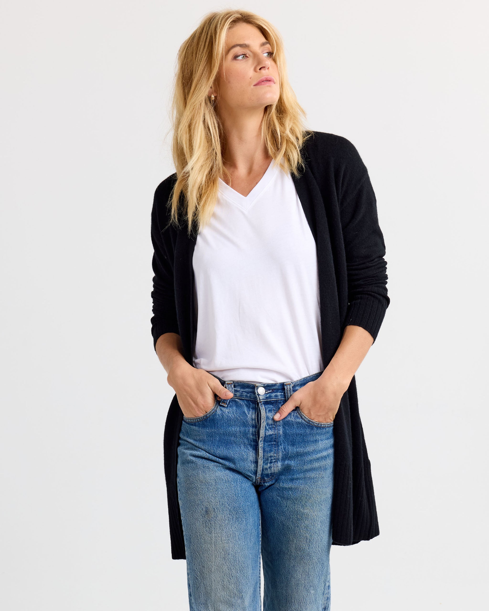 Women's 100% Cashmere Open Front Cardigan - Mid-Length Long Sleeve Sweater Coat (Dark Royal Blue)