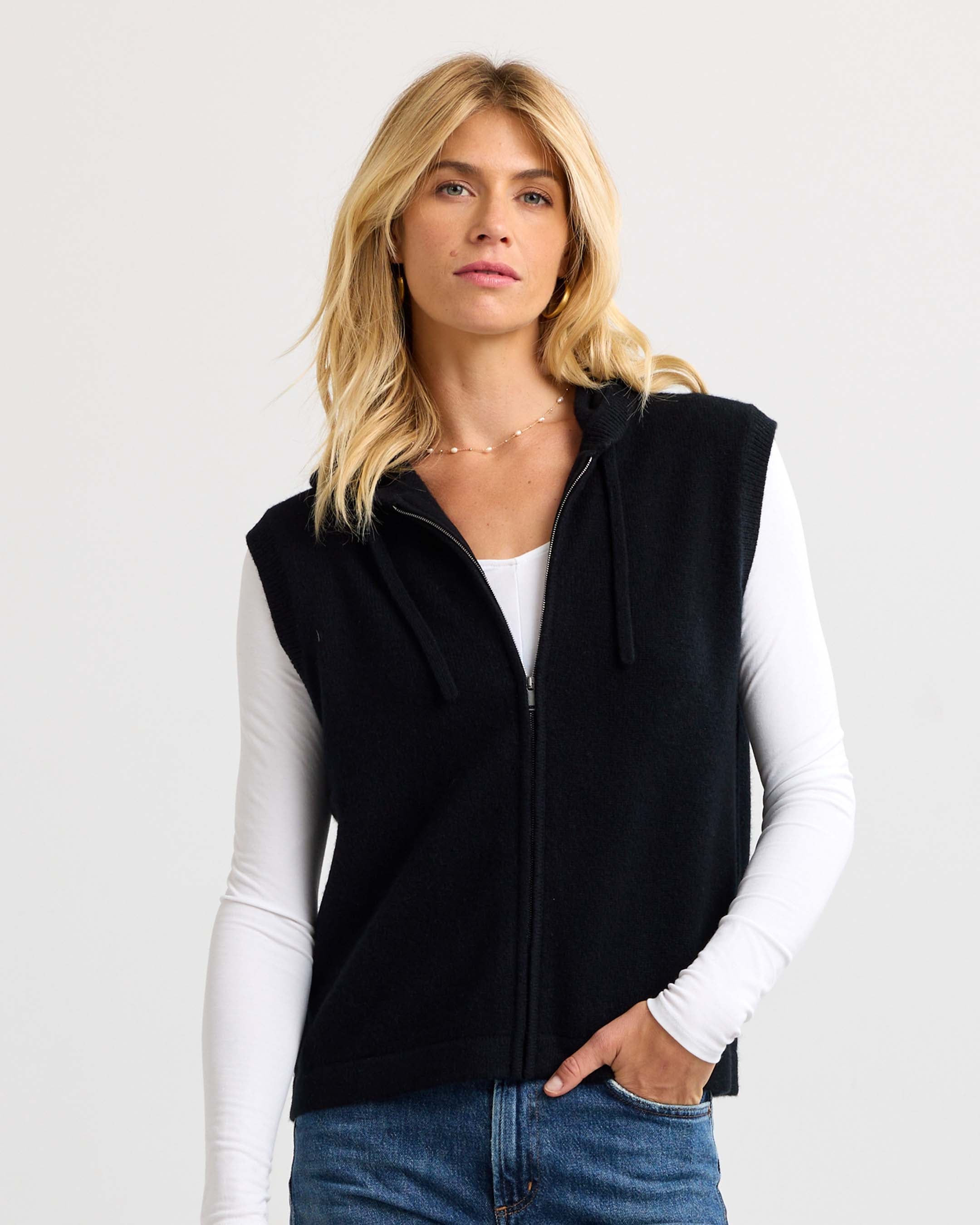 Black Cashmere Hoodie Vest — Zip Front