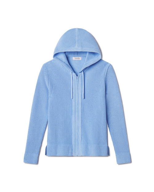 LIFESTYLE / EDITORIAL: Light blue ribbed zip-up cashmere hoodie with hood and drawstrings, laid flat on white background