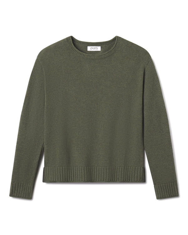 Cashmere crew neck sweater in olive green with ribbed cuffs and hem, laid flat on white background