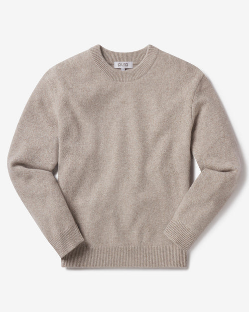Men's beige crew neck cashmere sweater laid flat on white background