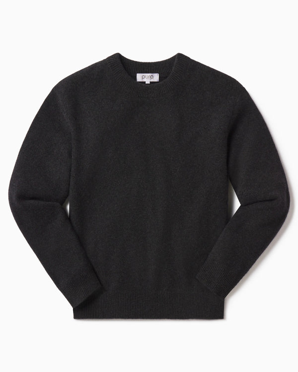Men's charcoal crewneck cashmere sweater laid flat on white background