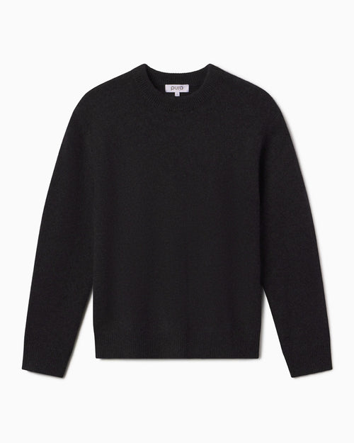Men's charcoal crew neck cashmere sweater laid flat on white background