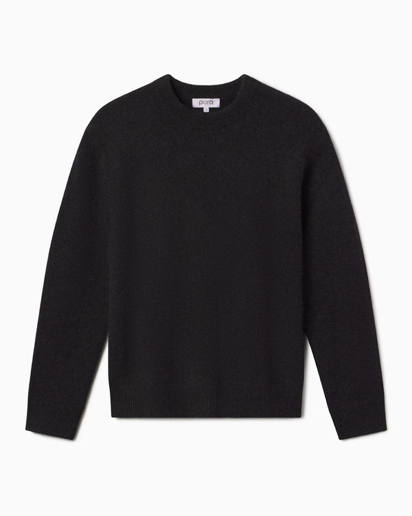 Men's charcoal crew neck cashmere sweater laid flat on white background