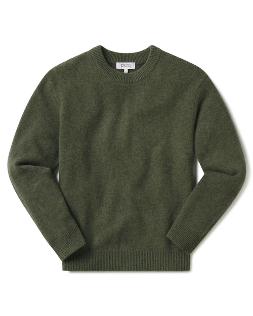 Men's dark olive crewneck cashmere sweater laid flat, long sleeves, ribbed cuffs and hem