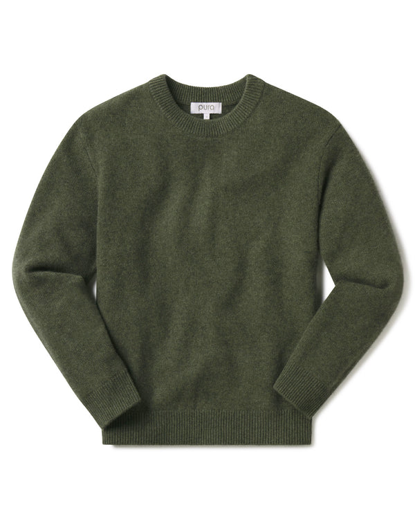 Men's dark olive crewneck cashmere sweater laid flat, long sleeves, ribbed cuffs and hem