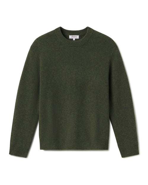 Men's dark olive crew neck cashmere sweater laid flat on white background