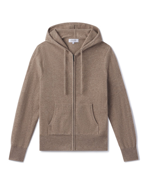 Cashmere zip-up hoodie in driftwood color with front pockets and drawstring hood, laid flat on white background