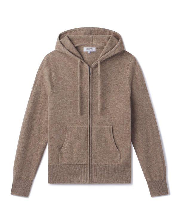 Cashmere zip-up hoodie in driftwood color with front pockets and drawstring hood, laid flat on white background