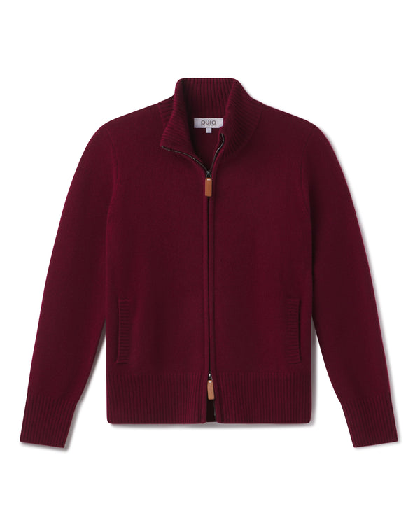 Cashmere stand collar zip-up cardigan in barolo color, long sleeves, ribbed cuffs and hem, two front pockets