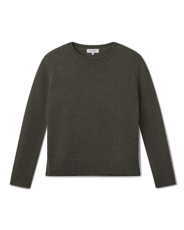 Cashmere crewneck sweater in dark olive, long sleeves, ribbed cuffs and hem, laid flat on white background