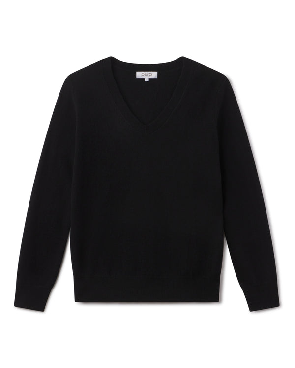 Front view image of a black V-neck cashmere sweater with long sleeves displayed flat on a white background.