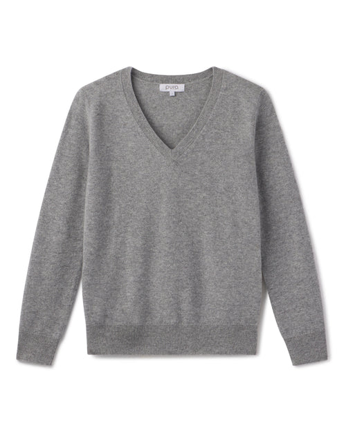 Grey V-neck long-sleeve cashmere sweater laid flat on white background