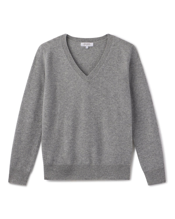 Grey V-neck long-sleeve cashmere sweater laid flat on white background