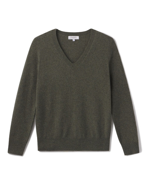 Dark olive V-neck cashmere sweater with long sleeves, laid flat on white background