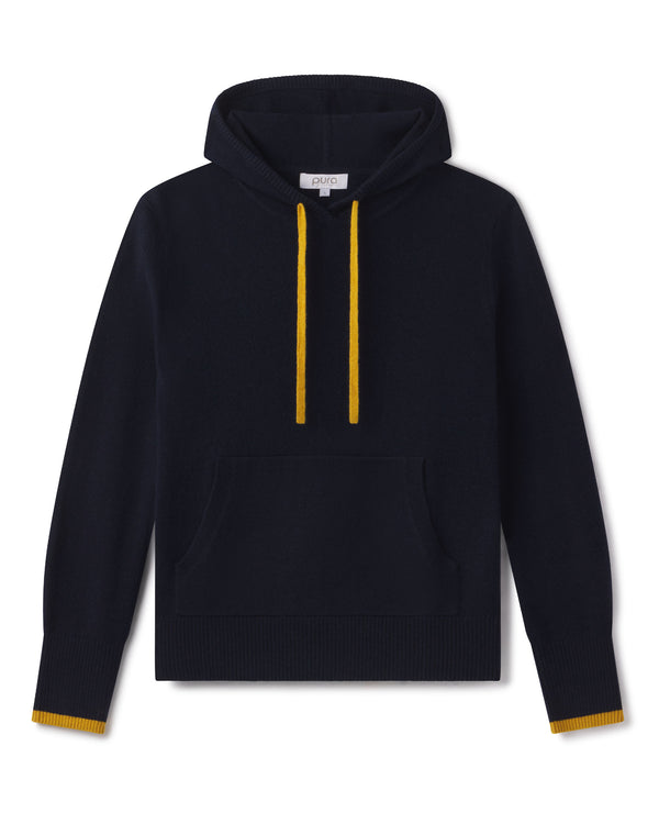 CASHMERE HOODIE: Navy blue with gold drawstrings and gold trim on cuffs, front kangaroo pocket, long sleeves, ribbed hem