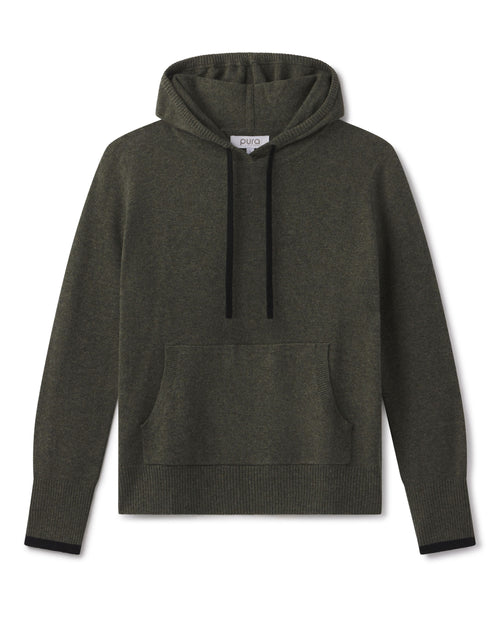 Dark olive cashmere hoodie with black drawstrings and kangaroo pocket, ribbed cuffs and hem, flat lay on white background