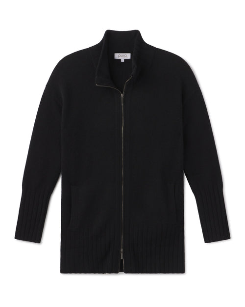 Black full-zip cashmere cardigan with ribbed cuffs and hem, displayed flat on white background