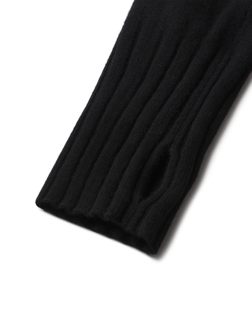 Close-up of black ribbed cashmere sleeve with thumb hole detail