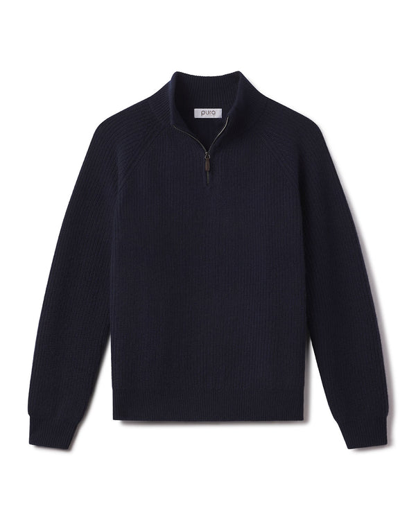 Men’s black cashmere half-zip sweater with ribbed texture, long sleeves, and stand collar, laid flat on white background
