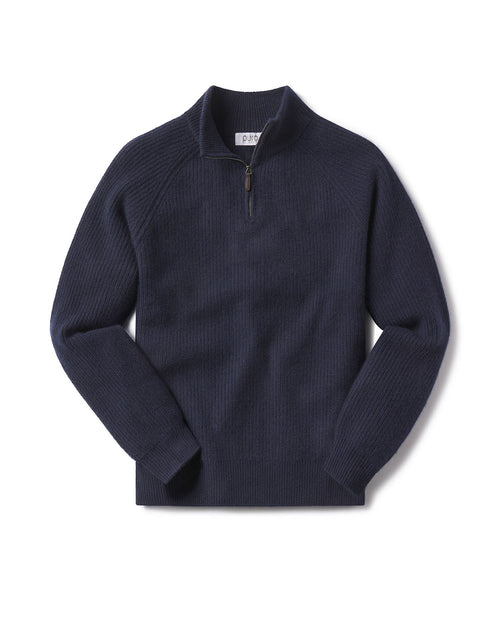 Men's navy blue half-zip ribbed cashmere sweater laid flat on white background