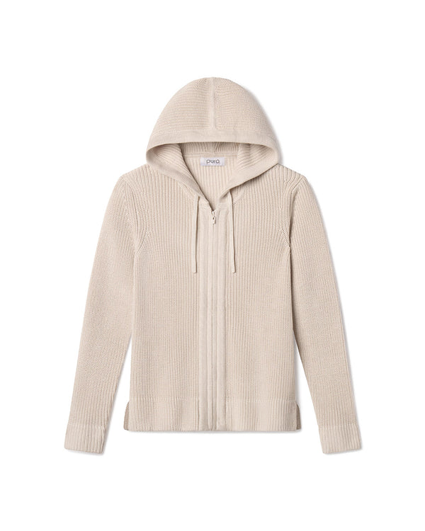 Cashmere zip-up hoodie in oatmeal color with hood and drawstrings, ribbed knit texture, laid flat on white background