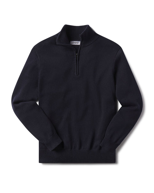 Men's black cotton half-zip sweater with ribbed cuffs and hem, laid flat on white background