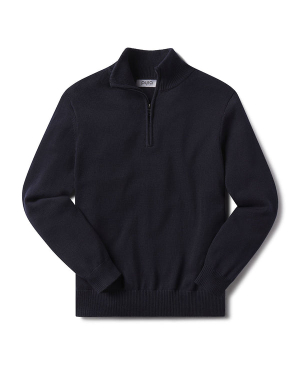 Men's black cotton half-zip sweater with ribbed cuffs and hem, laid flat on white background
