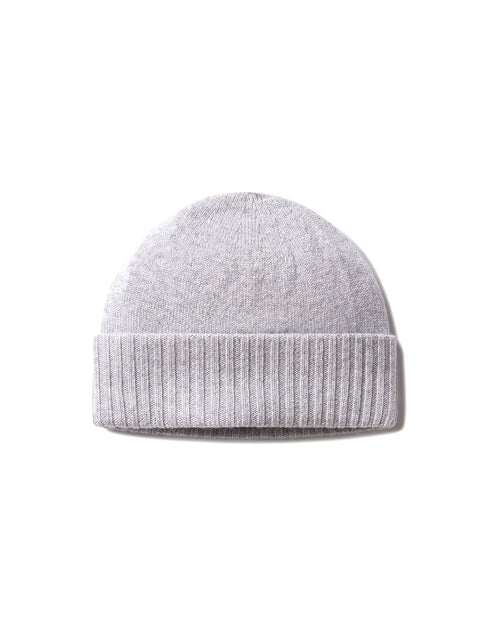 Front view image of a unisex cashmere knit hat in harbor grey with a folded ribbed cuff on white background