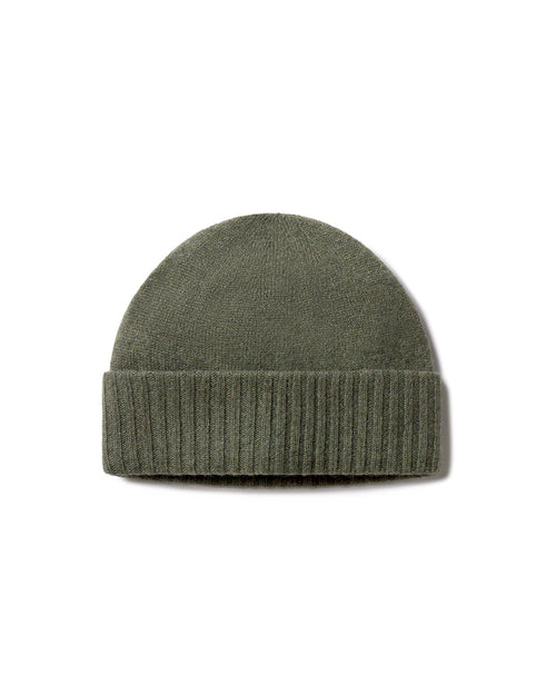 Dark olive green cashmere knit hat with folded ribbed brim, isolated on white background