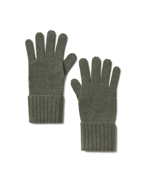LIFESTYLE / EDITORIAL: Pair of dark olive cashmere gloves with ribbed cuffs laid flat on white background