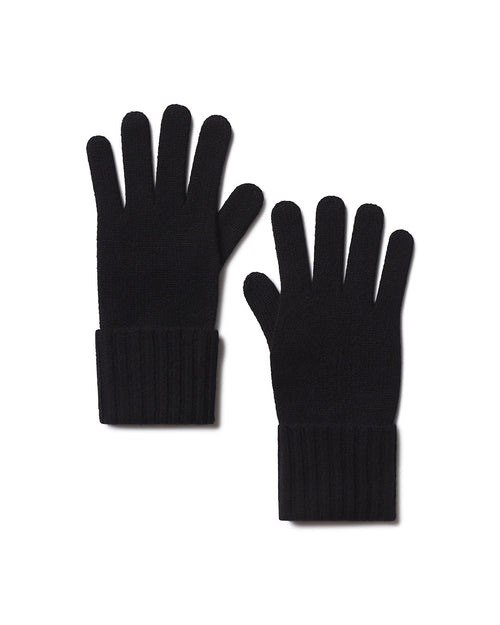 Pair of black cashmere gloves with ribbed cuffs displayed on white background