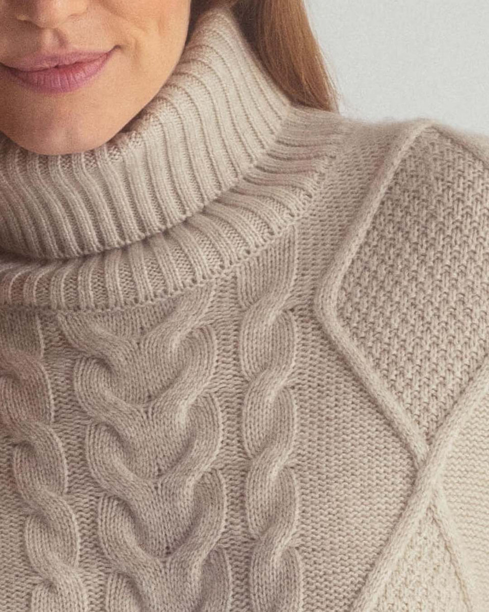 Women's Classic Cable Knit Turtleneck Sweater - Pura Cashmere