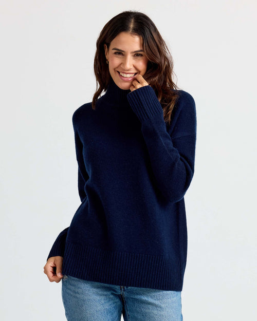 Navy cashmere funnel neck sweater