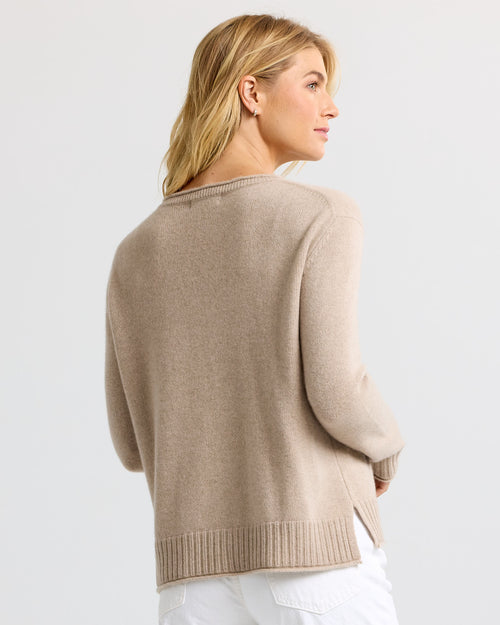 LIFESTYLE / EDITORIAL: Woman wearing cappuccino-colored cashmere sweater, shown from back and side profile
