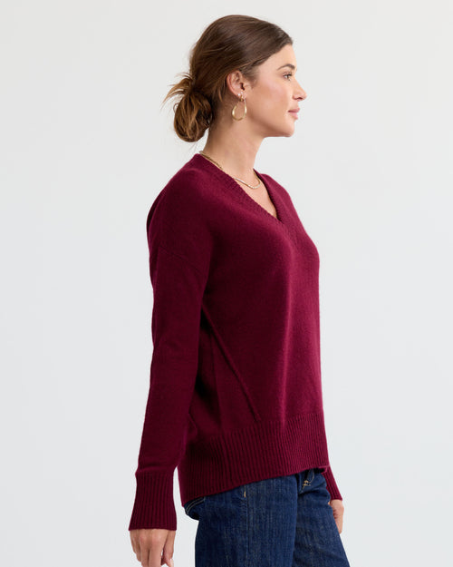 LIFESTYLE / EDITORIAL: Woman in side profile wearing a cabernet red V-neck cashmere sweater and blue jeans against white