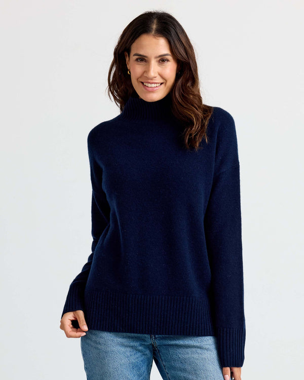 Navy cashmere funnel neck sweater