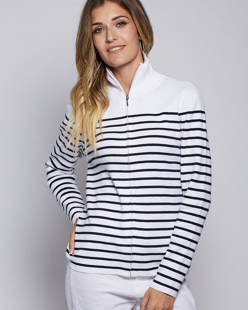 Breton Stripe Zip-Up Jacket-Pura Cashmere