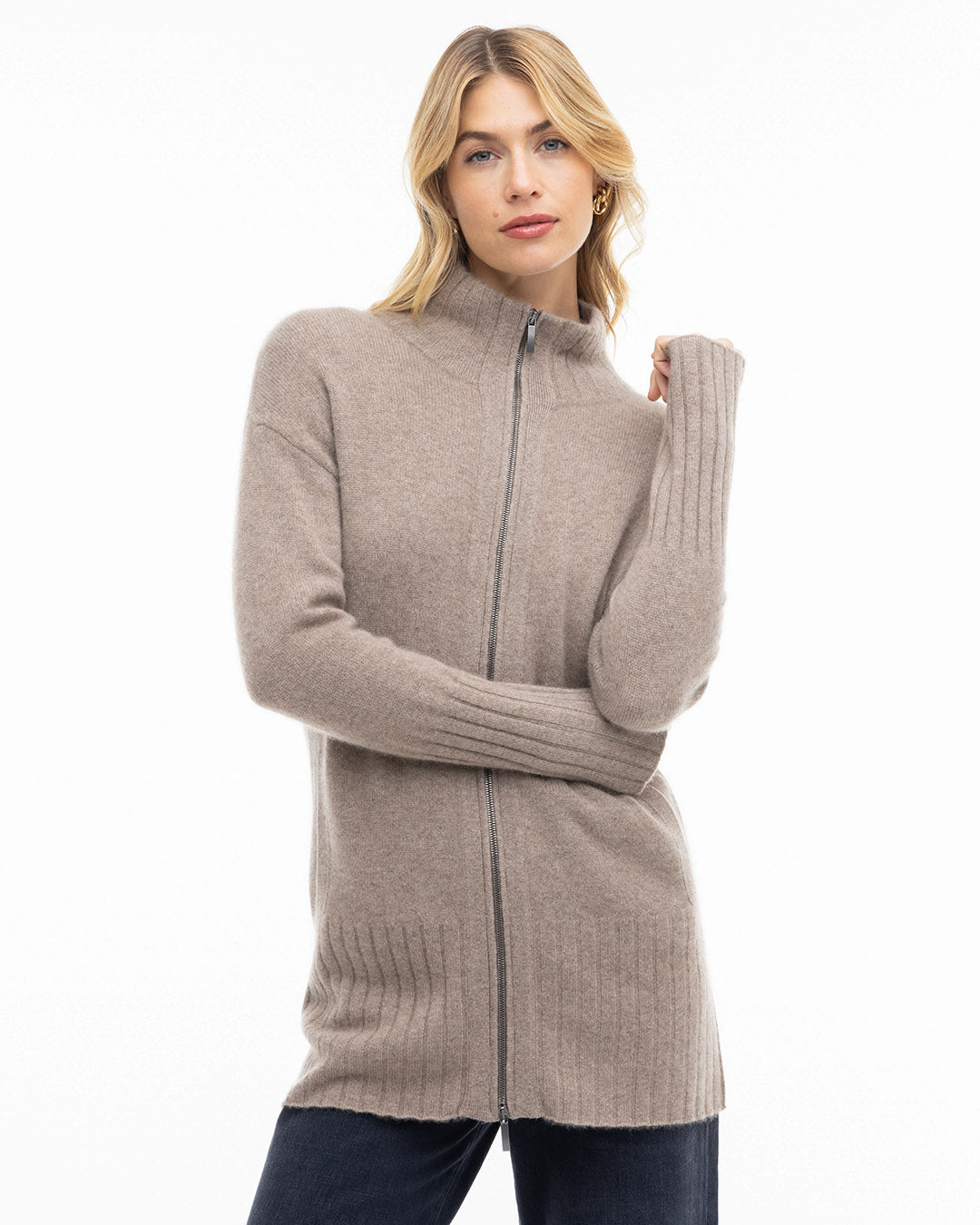 Women s Cashmere Zip Up Cardigan Driftwood L