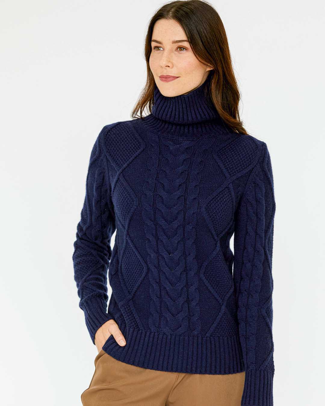 Womens Classic Cable Knit Turtleneck Sweater - Pura Cashmere