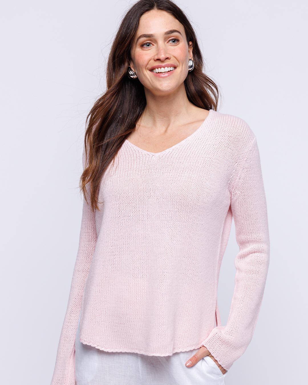 Cotton Round Edge V-Neck - Blossom | Pura Cashmere