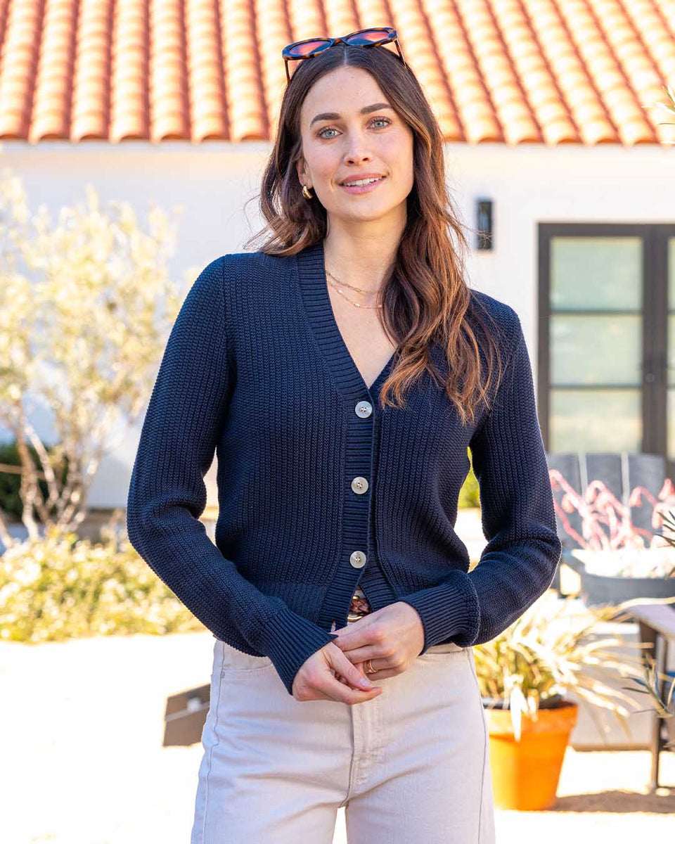 Textured Cropped Cardigan Navy Pura Cashmere - Main Image