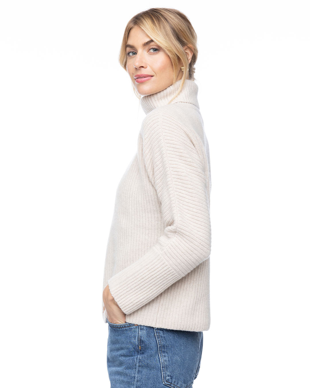Cashmere Fisherman Rib Turtleneck Pura Cashmere Oatmeal L