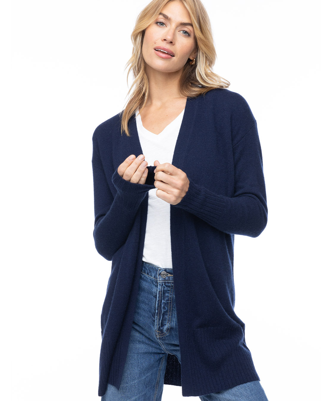 Women s Long Cashmere Cardigan Navy L