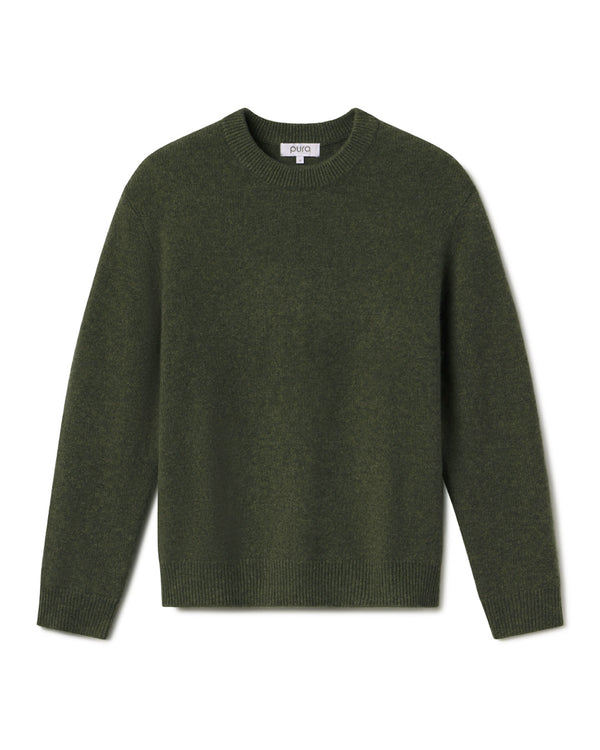 Men's dark olive crew neck cashmere sweater laid flat on white background