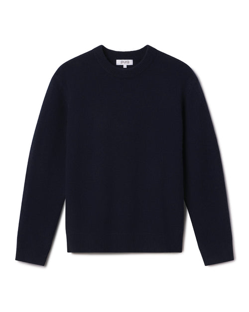 Men's navy blue crew neck cashmere sweater laid flat on white background