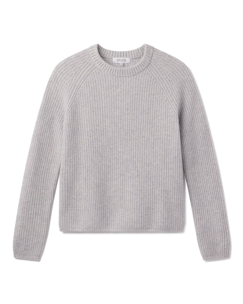 Light grey ribbed crewneck cashmere sweater with long sleeves, laid flat on white background