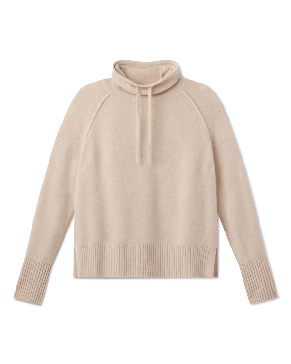 Cashmere drawstring funnel neck sweater in oatmeal color, long sleeves, ribbed cuffs and hem, flat lay on white background