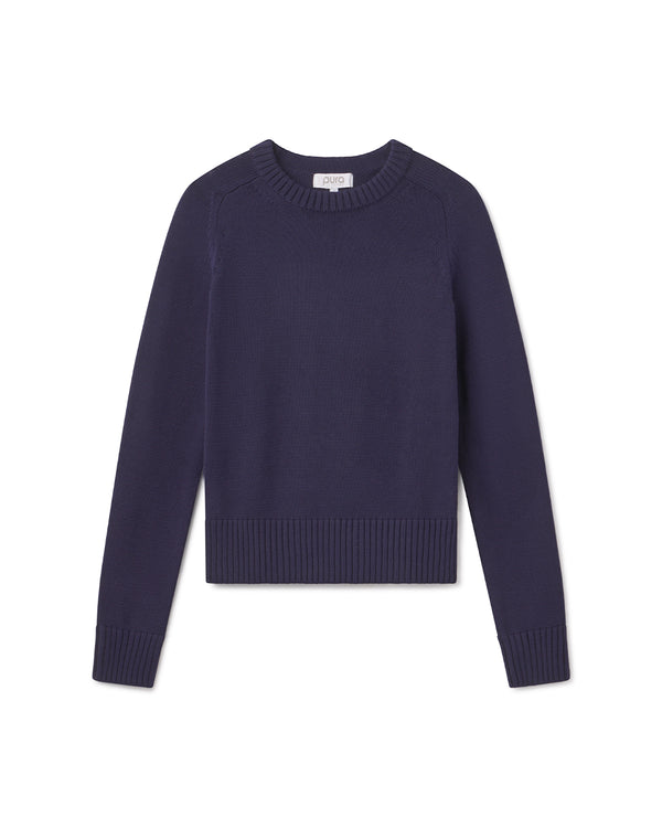 Clothing product image: navy blue long-sleeve crew neck cotton-silk blend sweater laid flat on white background